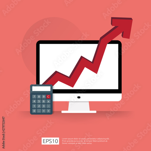 cost fee spending increase with arrow rising up growth diagram. business cash reduction concept. investment growth progress with computer and calculator element in flat design vector illustration