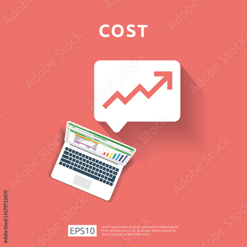 cost fee spending increase with arrow rising up growth diagram. business cash reduction concept. investment growth progress with computer and calculator element in flat design vector illustration