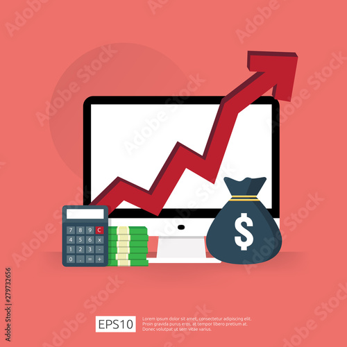 cost fee spending increase with arrow rising up growth diagram. business cash reduction concept. investment growth progress with computer and calculator element in flat design vector illustration