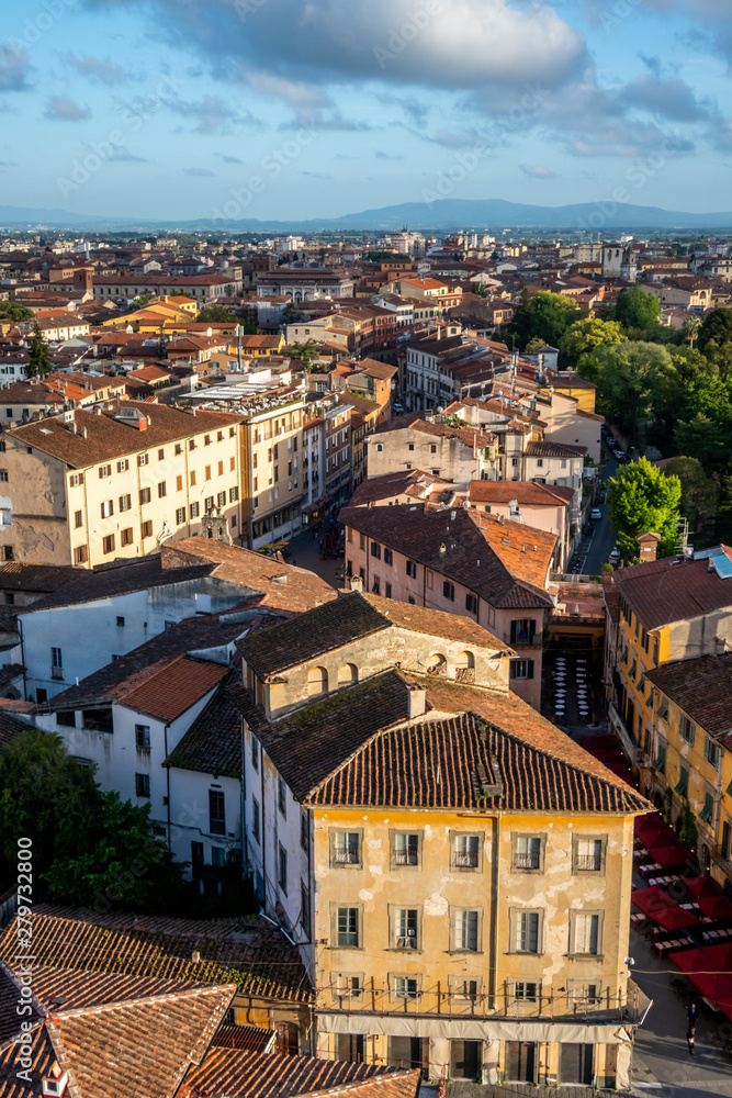 Panorama of Pisa, looking south, from the top flight of the Leaning tower of Pisa. Tuscany, Italy