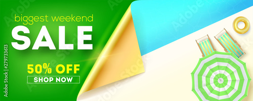 Biggest weekend sale. Top view of pool with sun umbrella and deckchairs. Season sales on this week. Get up to fifty percent discount. Creative ad banner for events for discount actions.
