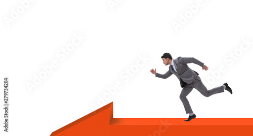 Businessman walking on arrow isolated on white background