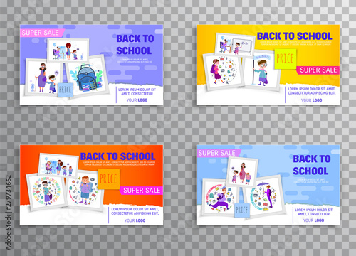 Horizontal banner set- back to school and sale, flat style with geometric figures and characters.