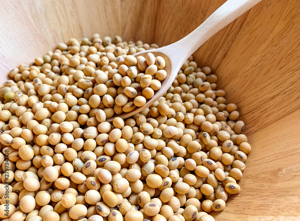 closeup of soy beans in a wooden bowl and wooden spoon for soybean seed scoop closeup of soy beans in a wooden bowl and wooden spoon for soybean seed scoop