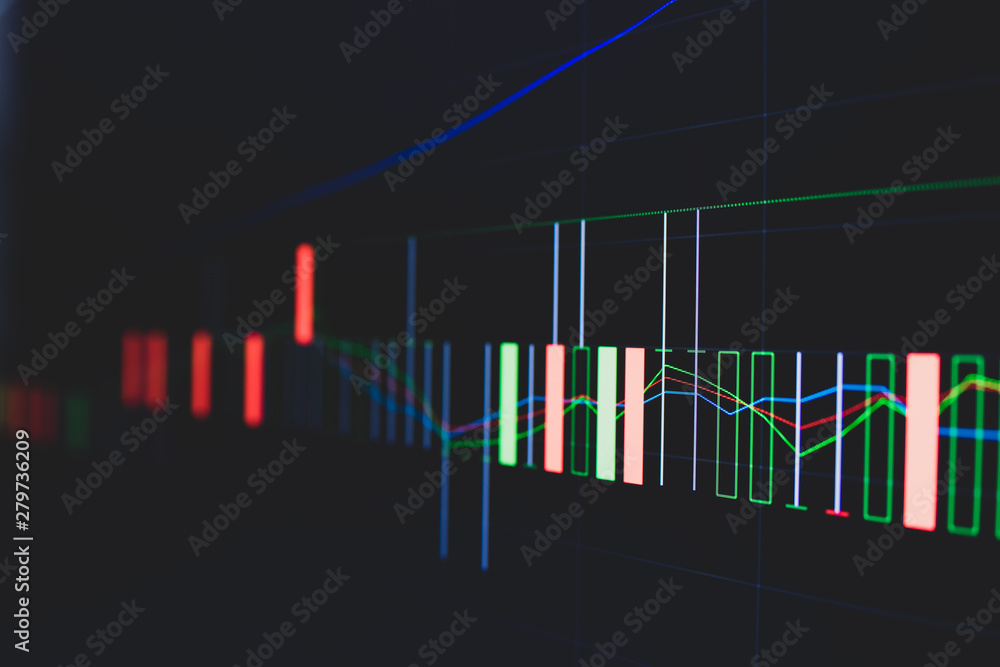 Obraz premium Stock market trading graph and candlestick chart on screen for businese financial investment concept. Economy trends background. Abstract finance and invest background.
