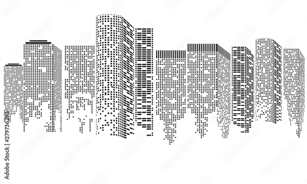 Abstract Futuristic City. Cityscape buildings made up with dots, Digital Transparent city landscape. Vector illustration.
