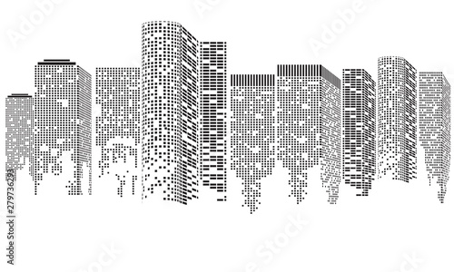Abstract Futuristic City. Cityscape buildings made up with dots, Digital Transparent city landscape. Vector illustration.