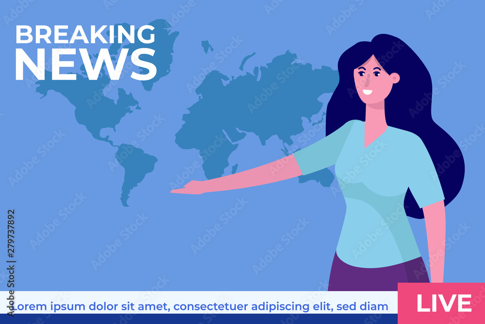 Breaking news concept with character. TV news studio with broadcaster. Vector illustration Breaking news concept with character. TV news studio with broadcaster. Vector illustration
