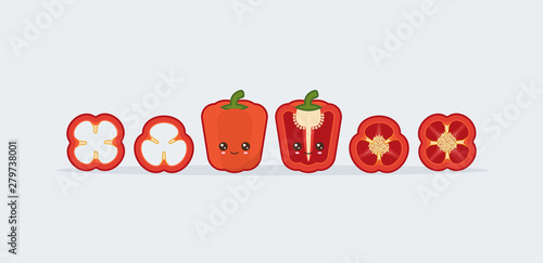 Set red bell pepper. Cute kawaii smiling food
