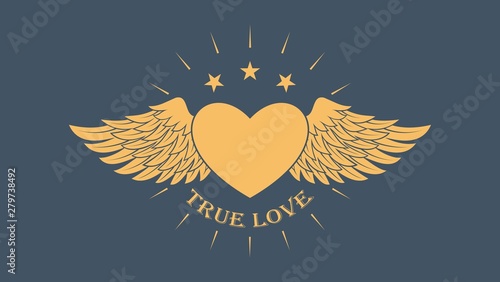 Color illustration of the heart of the wings of a star with rays and text. Vector illustration on the theme of love