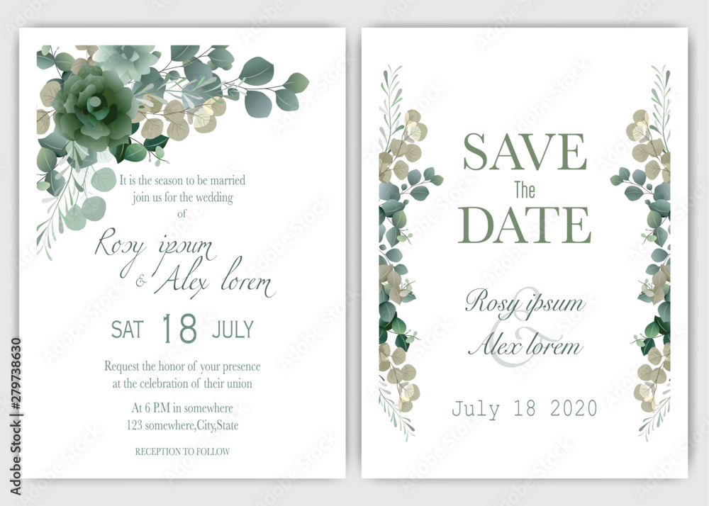 Wedding invitation card Floral hand drawn frame .Greenery Wedding Invitation ,Template Eucalyptus  Wedding Invitation.