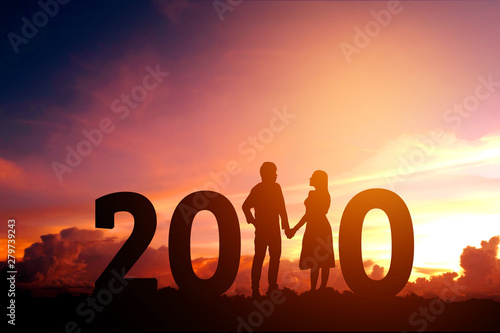 2020 Newyear Silhouette young couple Happy for romantic new year concept.