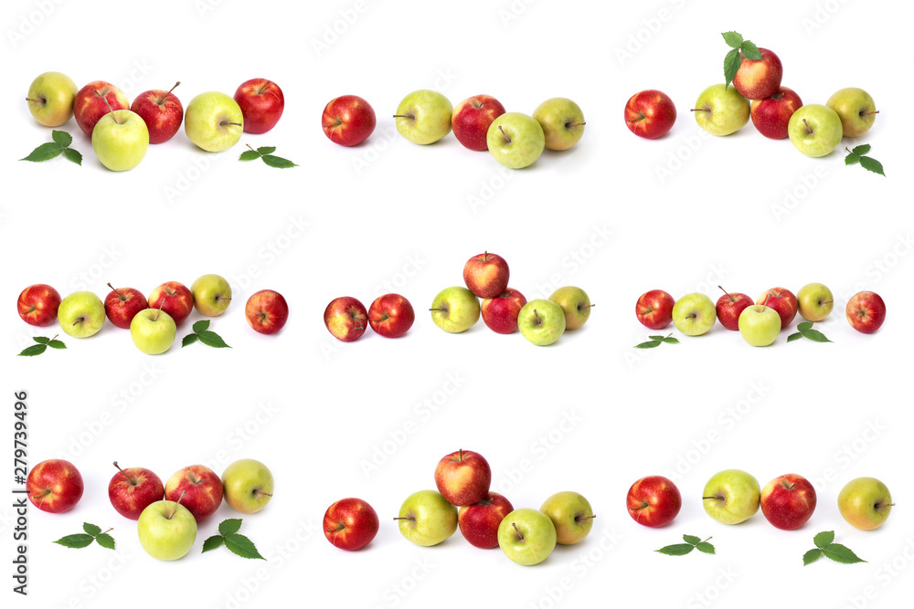 Set of red apples on a white background. Juicy apples of red color with yellow specks on a white background. The composition of juicy red apples Set of red apples on a white background. Juicy apples of red color with yellow specks on a white background. The composition of juicy red apples