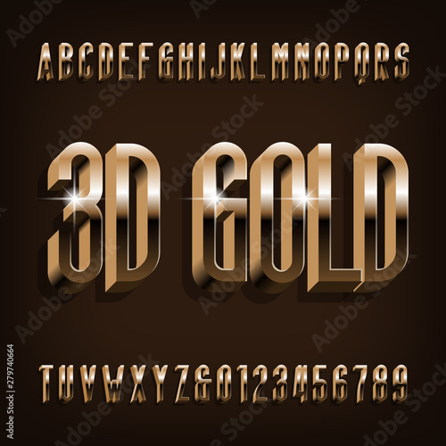 3D gold alphabet font. Golden effect condensed letters and numbers with shadow. Stock vector typescript for your design.