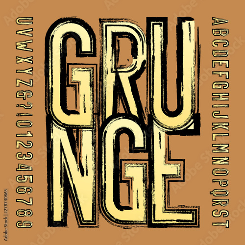Grunge alphabet font. Messy condensed type letters and numbers. Vector typeface for your design.