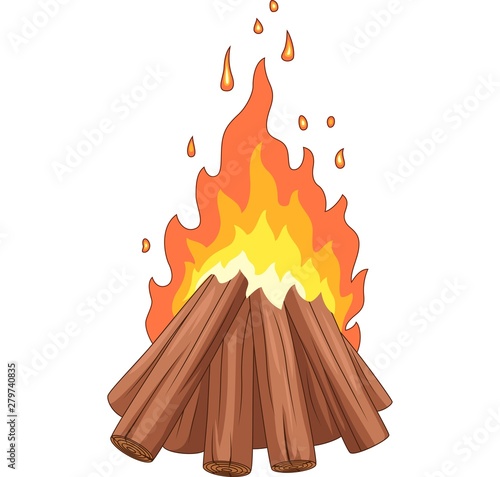 Campfire with woodpile on white background