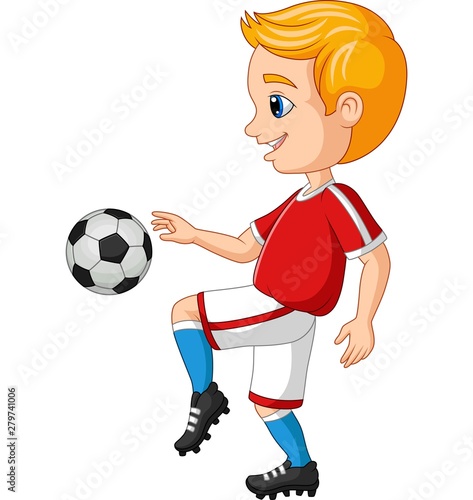 Cartoon little boy playing soccer on a white background