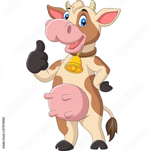 Cartoon funny cow giving thumb up isolated on white background