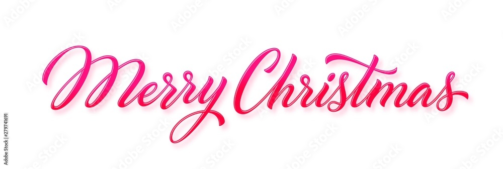 merry christmas red hand lettering inscription with falling shadow, for postcard, poster, banner design element, calligraphy vector illustration