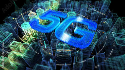 Futuristic holographic 5G digital wireless high speed fifth innovative generation for cellular network connectivity, high speed Internet broadband network photo