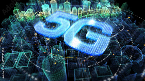 Futuristic holographic 5G digital wireless high speed fifth innovative generation for cellular network connectivity, high speed Internet broadband network photo