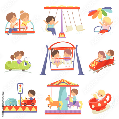 Cute Boys and Girls Having Fun at Carousels and Attractions in Amusement Park Set Vector Illustration