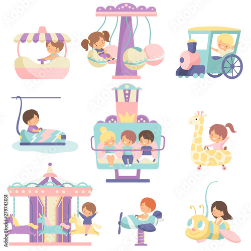 Cute Boys and Girls Having Fun at Attractions in Amusement Park Set Vector Illustration