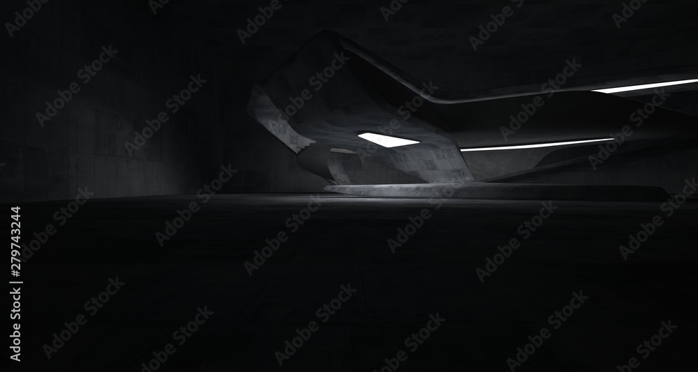 Abstract architectural concrete smooth interior of a minimalist house with neon lighting. 3D illustration and rendering.