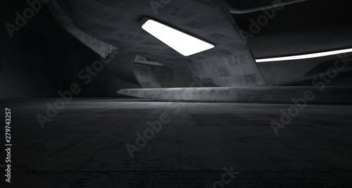 Abstract architectural concrete smooth interior of a minimalist house with neon lighting. 3D illustration and rendering.