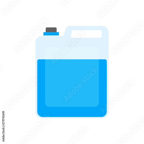 Plastic canister with blue substance in trendy flat style isolated. Chemical product. Bottle with liquid substance.