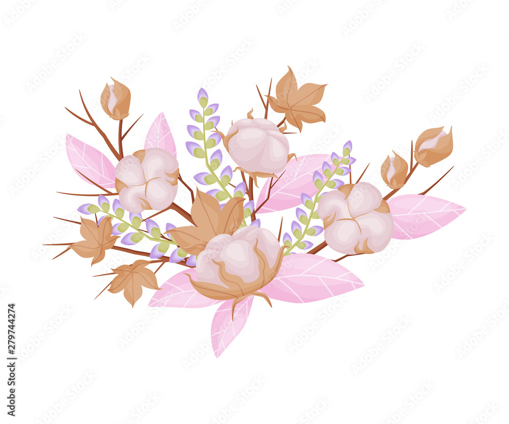 Pink cotton composition. Vector illustration on white background.