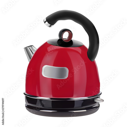 Red shiny electric kettle with a black semi-circular handle. Photo-realistic style