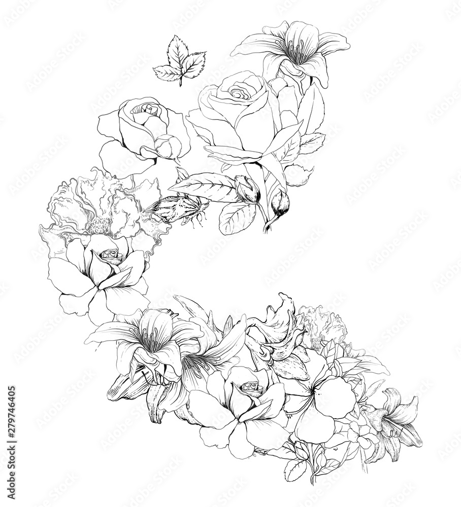 draw the line Black and white of leaves and flower, on white background draw the line Black and white of leaves and flower, on white background