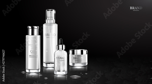 Luxury cosmetic Bottle package skin care cream, Beauty cosmetic product poster, with water drop and black background