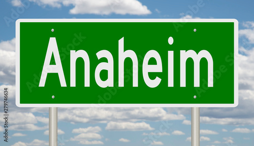 Photos Rendering of a green highway sign for Anaheim California