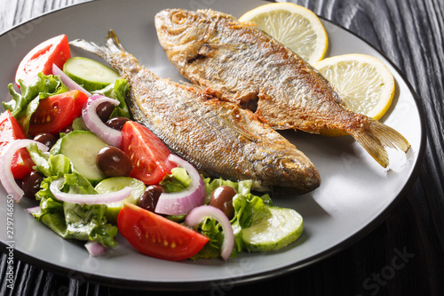 Spicy fried Salema porgy sea fish with lemon and fresh vegetable salad close-up on a plate. horizontal