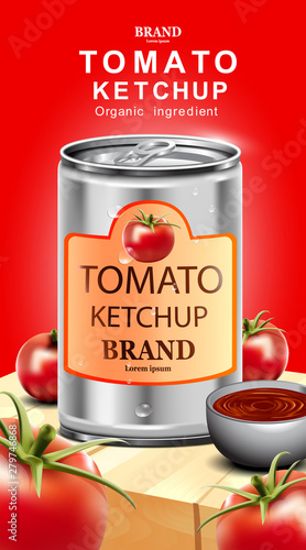 Tomato ketchup with fresh fruit and red background