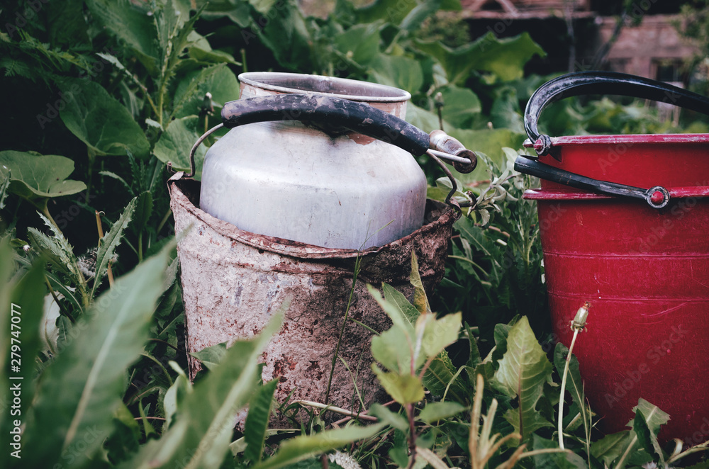 Obraz premium In the village garden two buckets