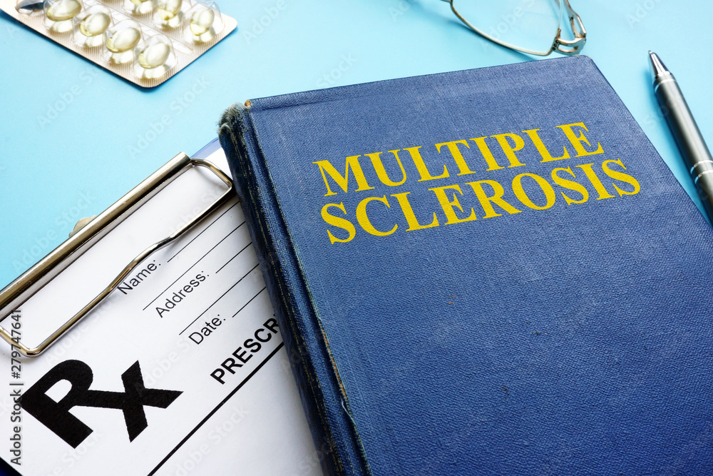 Multiple sclerosis MS book and prescription and pen. - obrazy, fototapety, plakaty 