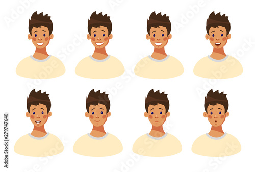 Set of 8 positive male emotions.Facial expression teenager.The head of a young guy with happy and surprised emotions on his face. Emotional intelligence. Avatar guy.Cartoon style, vector illustration.