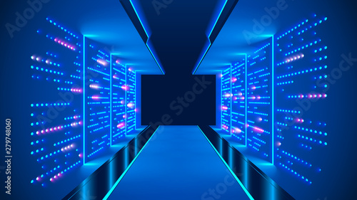 Data center abstract background. interior of server room. Digital information warehouse. Web hosting technology. Computer racks in database communication system. Cluster optical fiber networking.