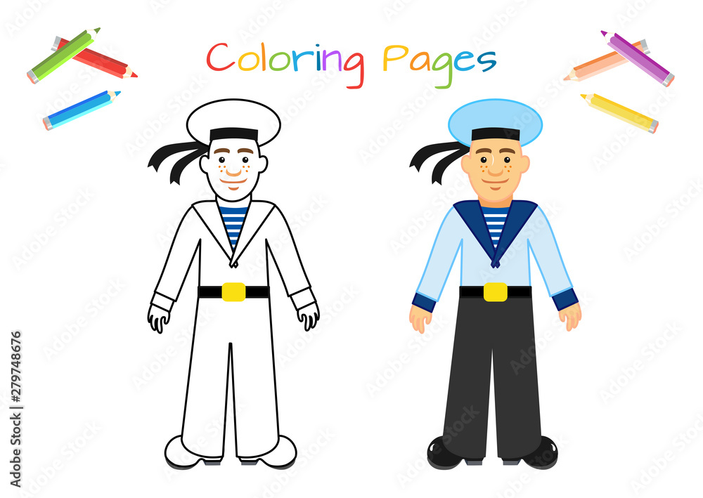 Sailor in Russian naval military uniform. Educational game for children. Cartoon vector illustration