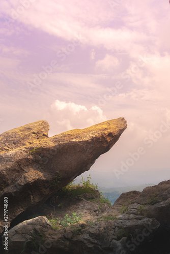 Point Edge of Cliff King Rock on Stone Garden at The Very Top of Mountain During Pink Sunrise or Sunset