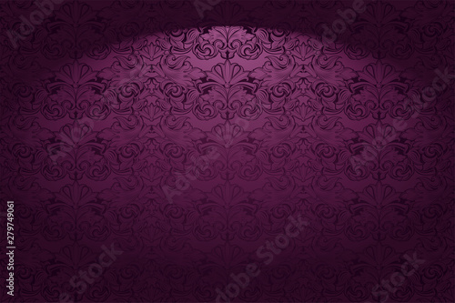 Royal, vintage, Gothic horizontal background in purple, magenta with a classic Baroque pattern, Rococo.With dimming at the edges. Vector illustration EPS 10