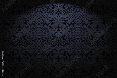 Royal, vintage, Gothic horizontal background in black with a classic Baroque pattern, Rococo.With dimming at the edges. Vector illustration EPS 10