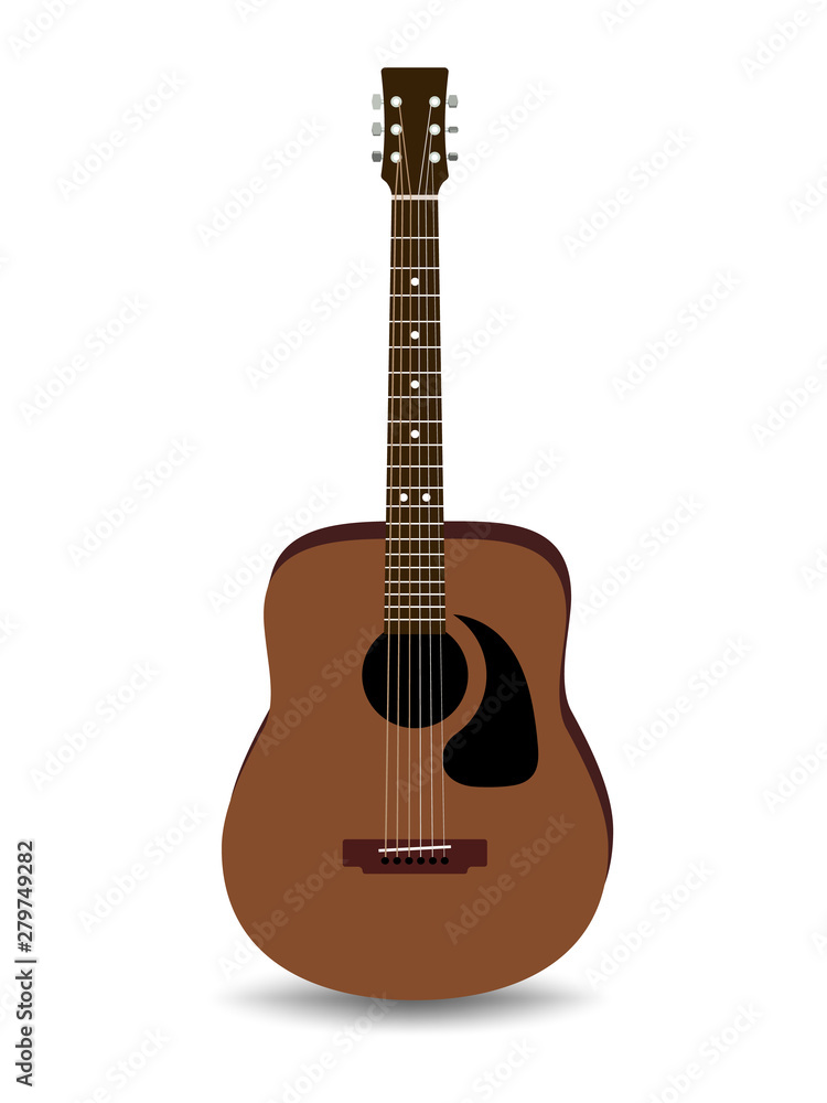 Realistic brown acoustic guitar isolated on white background with shadow. vector illustration.