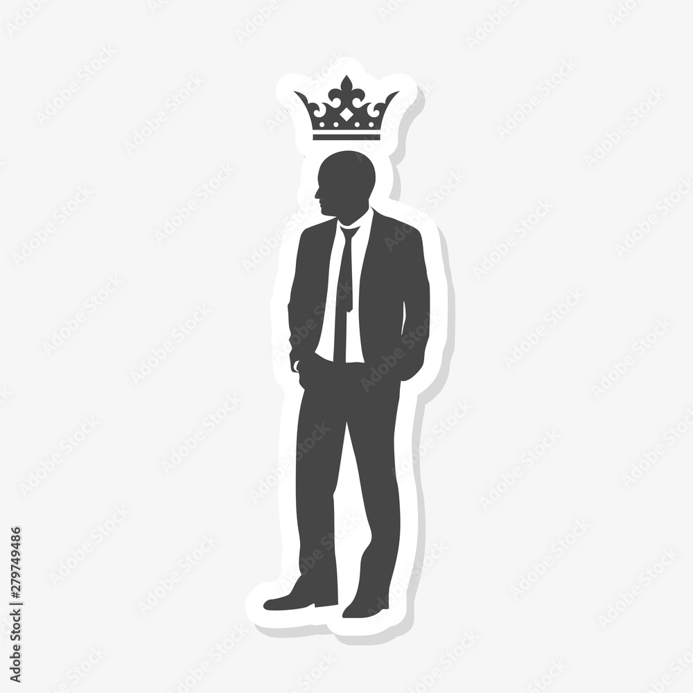 Boss sticker icon. Shape of businessman wearing tie and crown. Leadership concept