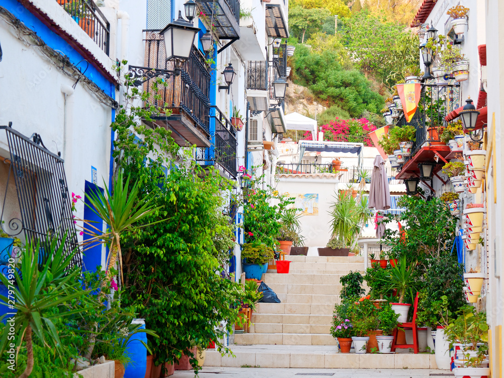 Fototapeta premium Beautiful narrow alley in Alicante. Old town, Santa Cruz.. Spain.