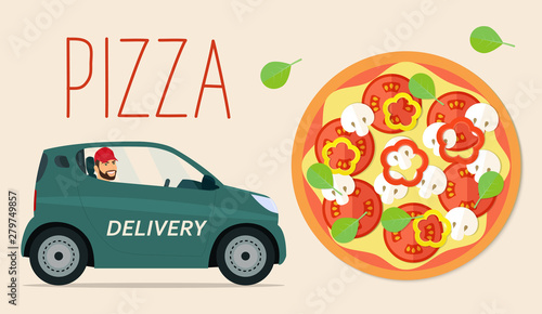 Pizza delivery car. Vector flat illustration.