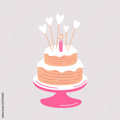 Cartoon vector illustration of birthday tiered cake with heart decor and one burning pink candle on light background.